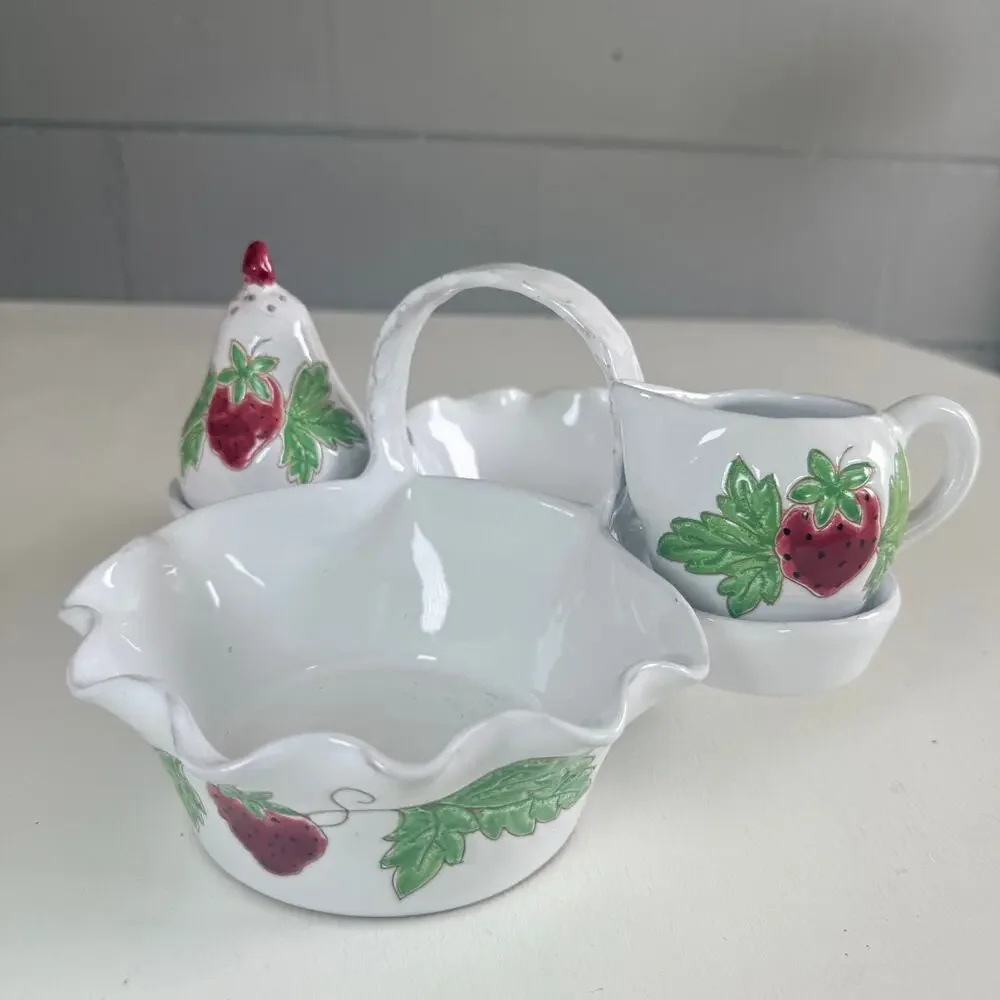 Vintage Italian Pottery Strawberry Creamer Sugar Cottagecore Serving Basket